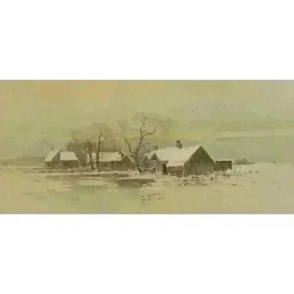 Antique Silk Print Winter Snowy Log Cabins Trees Pond Art Framed in Glass 16x11 - Picture 1 of 16